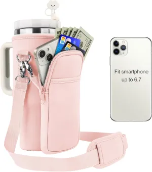 Water Bottle Carrier Bag for Stanley 40oz Tumbler Cup Bag Pouch With Large Phone Holder & Carrying Strap & & Straw Covers, Stanley Cup Accessories