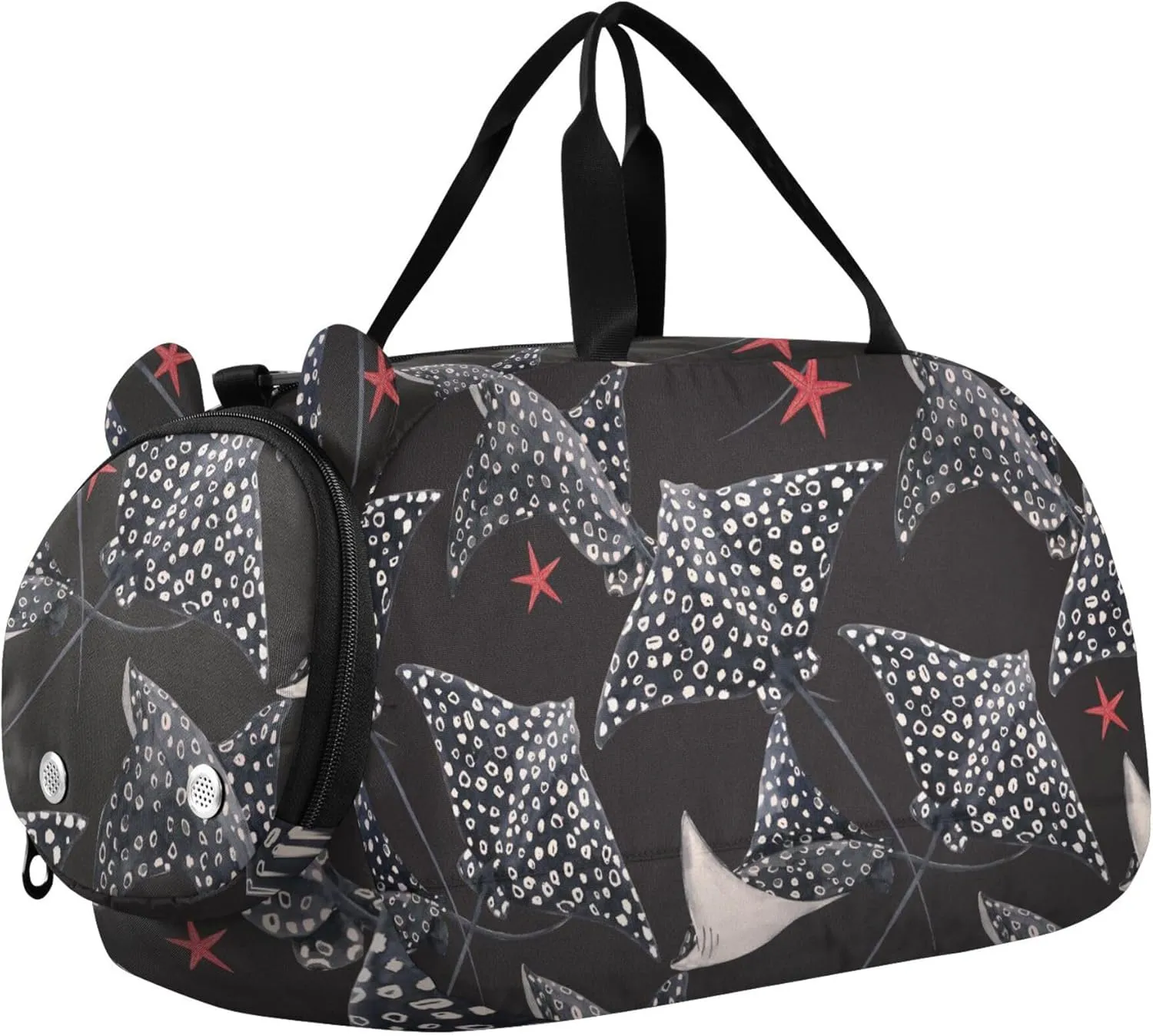 Watercolor Stingray Fish Black Sports Duffle Bag for Girls Boys, Gym Bag with Shoe Compartment, Kids Travel Overnight Weekender Shoulder Bag