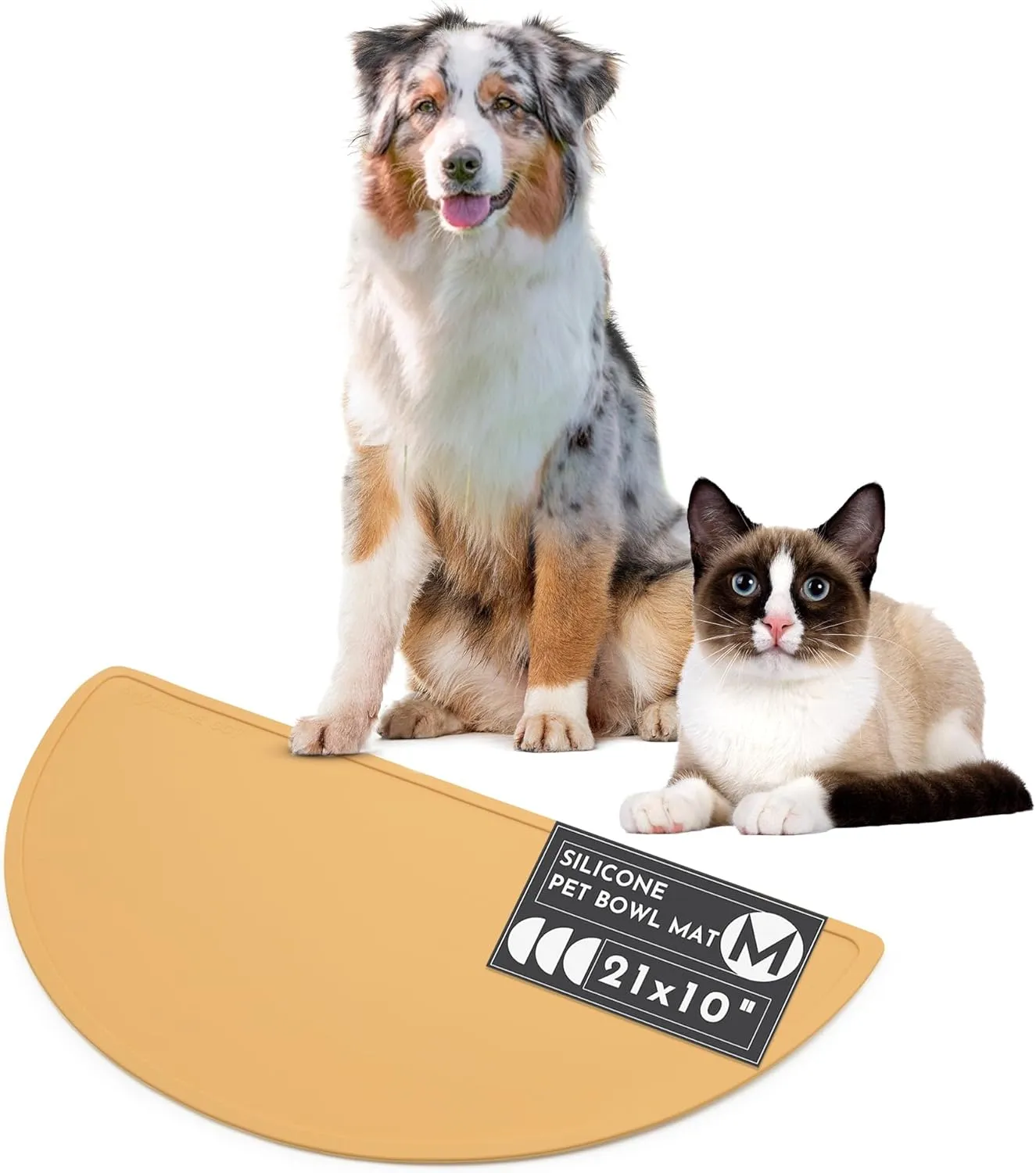 Waterproof Silicone Pet Food Mat - Non-Slip, Spill-Proof Feeding Mats for Floors, Raised Edge Design, Easy-to-Clean, Durable Flexible Rubber Mat for Dog & Cat Bowls, Medium-Honey