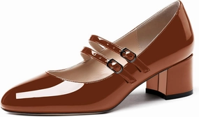 WAYDERNS Women's Adjustable Strap Mary Jane Round Toe Patent Low Chunky Heel Pumps Shoes 2 Inch