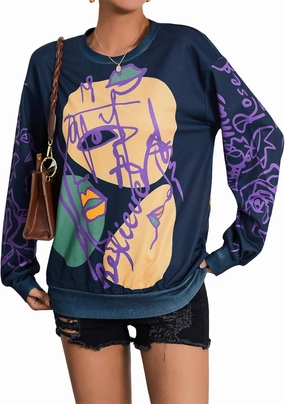 WDIRARA Women's Figure Graphic Print Sweatshirt Round Neck Long Sleeve Contrast Color Graffiti Pullovers