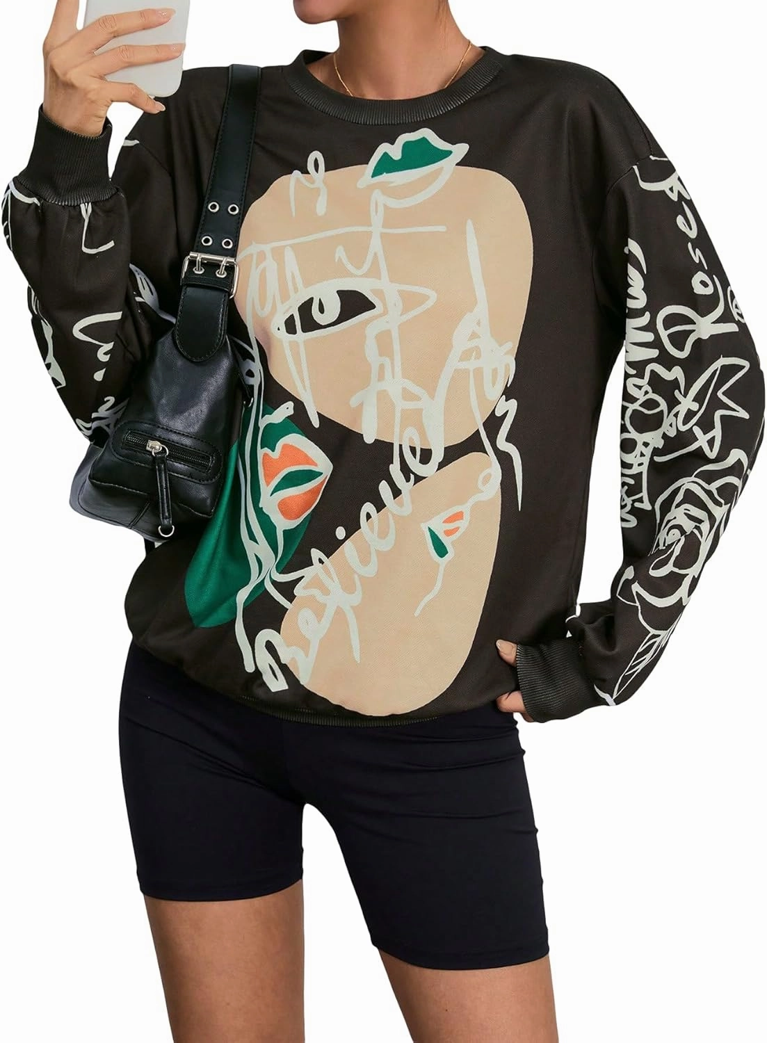 WDIRARA Women's Figure Graphic Print Sweatshirt Round Neck Long Sleeve Contrast Color Graffiti Pullovers