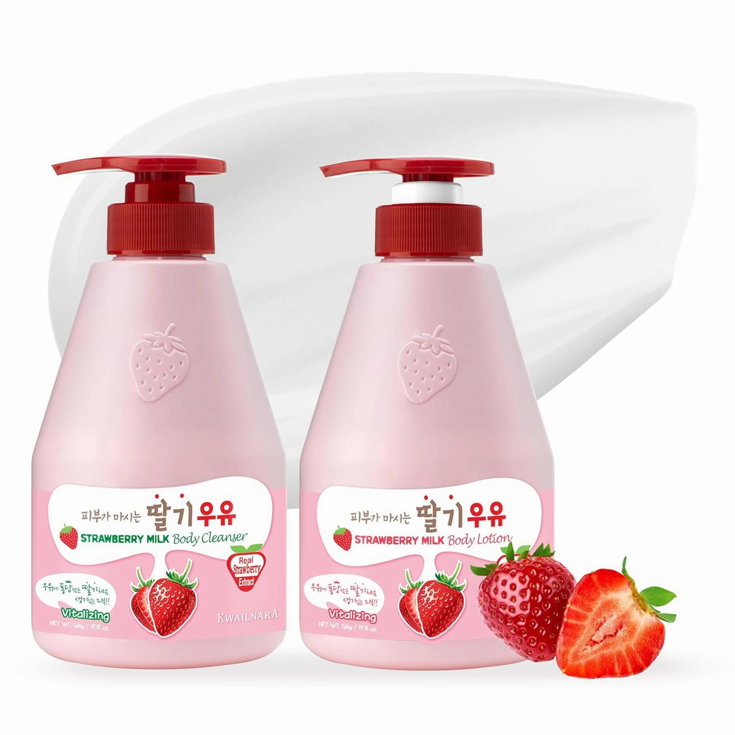 WELCOS Kwailnara Strawberry Milk Body Lotion & Body Wash Set – Moisturizing & Revitalizing Korean Skincare Bundle with Strawberry Extract, 560g / 19.75oz Each