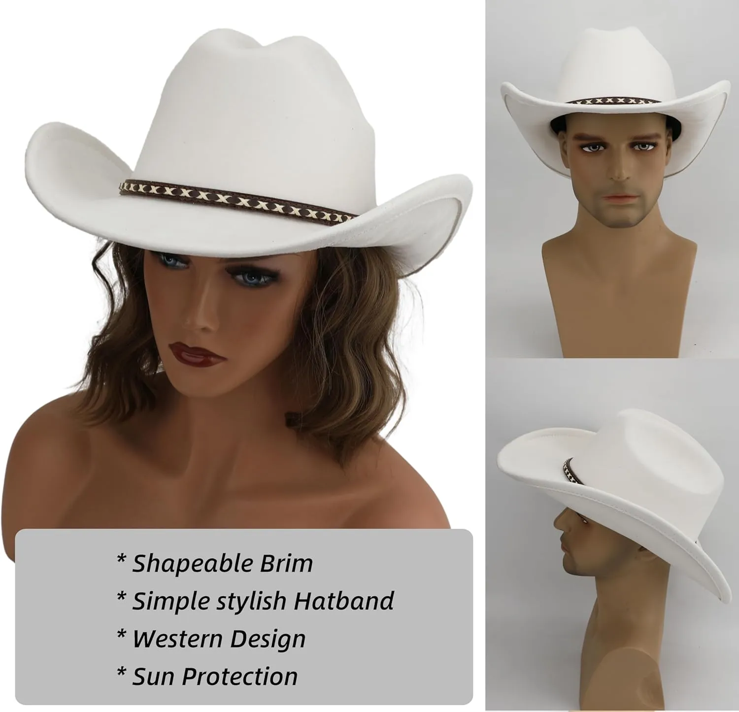 Western Cowboy Hat for Women and Men, Unisex Big Wide Brim Felt Hats for Cowboys and Cowgirls