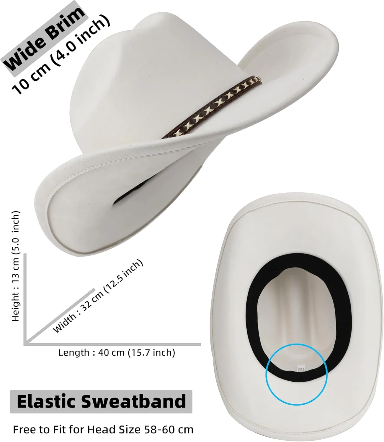 Western Cowboy Hat for Women and Men, Unisex Big Wide Brim Felt Hats for Cowboys and Cowgirls