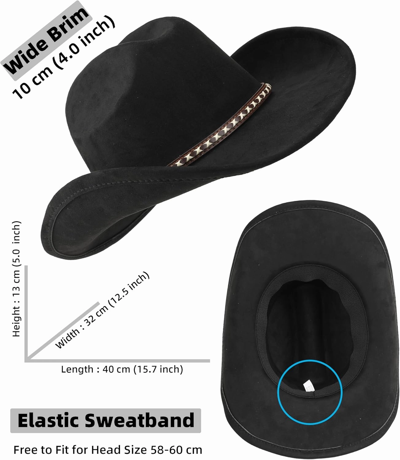 Western Cowboy Hat for Women and Men, Unisex Big Wide Brim Felt Hats for Cowboys and Cowgirls