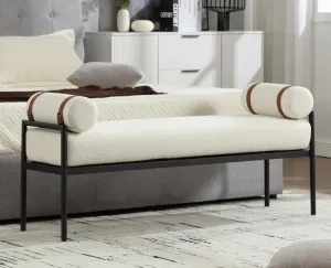 White Sherpa Modern End of Bed Bench Upholstered Entryway Bench with Detachable Cylindrical Pillows/Metal Legs Boucle Ottoman Bench for Living Room/Bedroom/Hallway/Corner, 55Inch