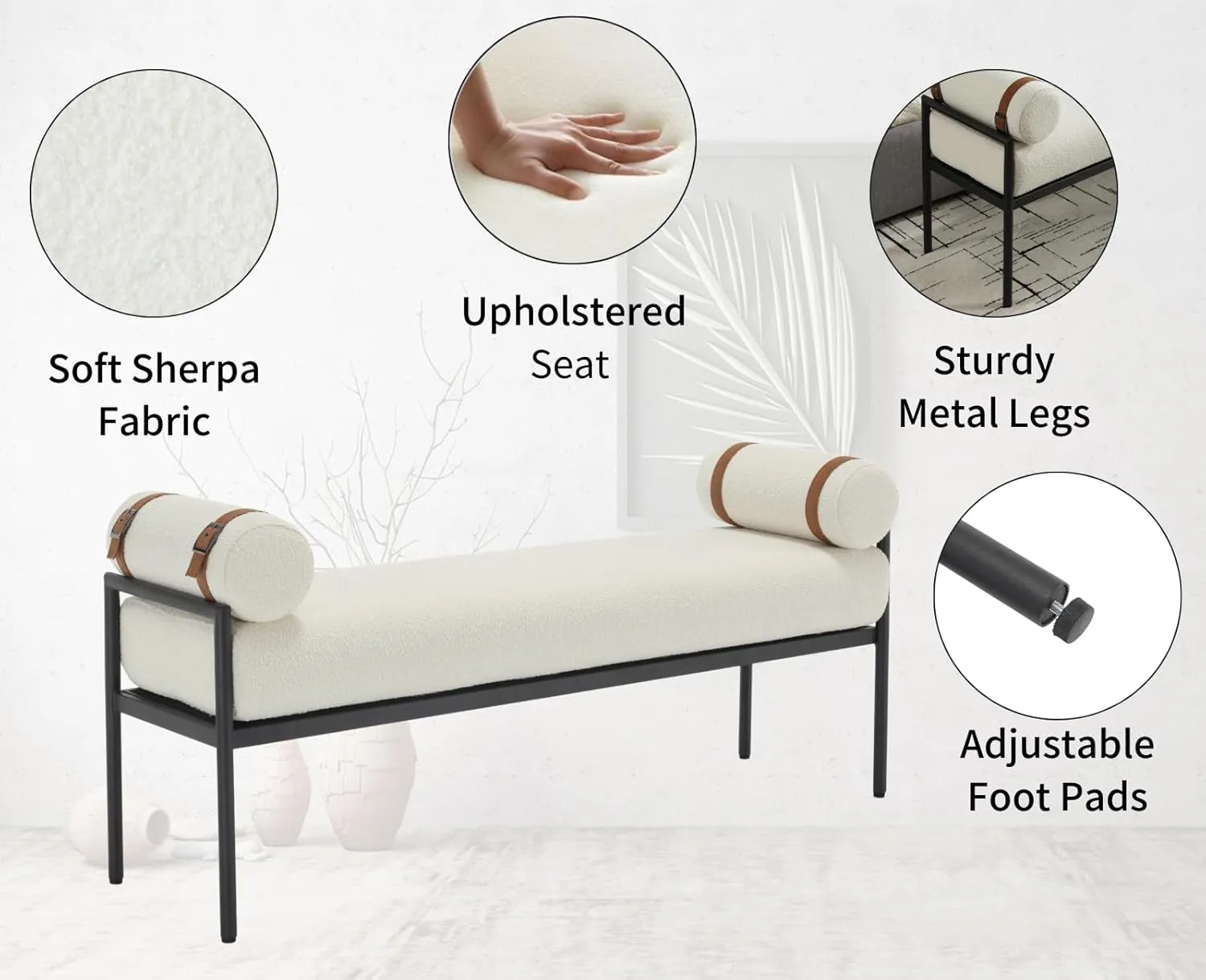 White Sherpa Modern End of Bed Bench Upholstered Entryway Bench with Detachable Cylindrical Pillows/Metal Legs Boucle Ottoman Bench for Living Room/Bedroom/Hallway/Corner, 55Inch