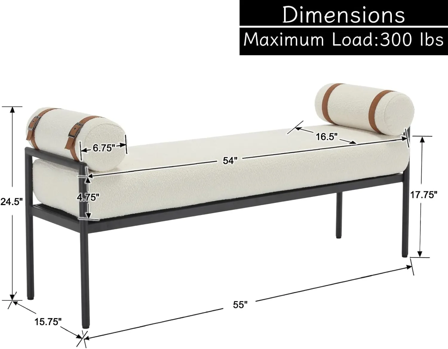 White Sherpa Modern End of Bed Bench Upholstered Entryway Bench with Detachable Cylindrical Pillows/Metal Legs Boucle Ottoman Bench for Living Room/Bedroom/Hallway/Corner, 55Inch
