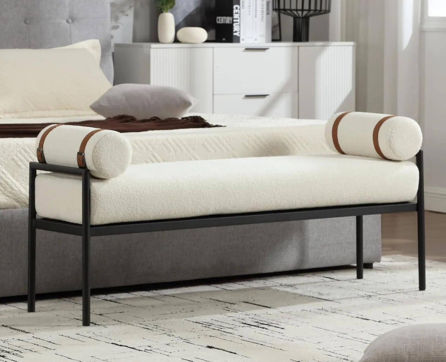 White Sherpa Modern End of Bed Bench Upholstered Entryway Bench with Detachable Cylindrical Pillows/Metal Legs Boucle Ottoman Bench for Living Room/Bedroom/Hallway/Corner, 55Inch