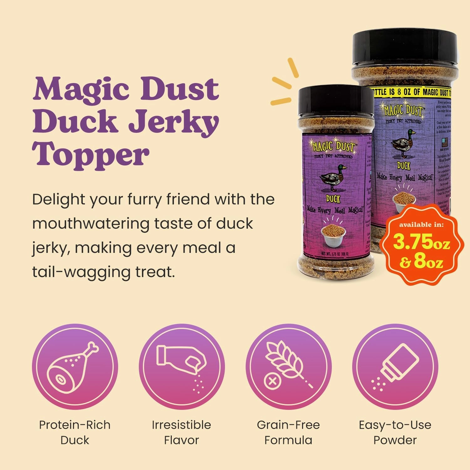 Wild Meadow Farms - Magic Dust Duck Jerky Topper, Single Protein Pet Food Topper for Dogs & Cats, Enhance Flavor & Elevate Mealtime Excitement for Picky Eaters, Made in USA - 8 Ounce Bottle