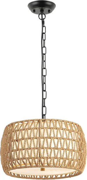 WILON 12.4'' 3-Light Rattan Chandelier with Fabric Shade, Dining Room Light Fixtures Over Table, Modern Boho Pendant Lights Kitchen Island Lighting, Farmhouse Rustic Drum Hanging Lamp with E26 Base