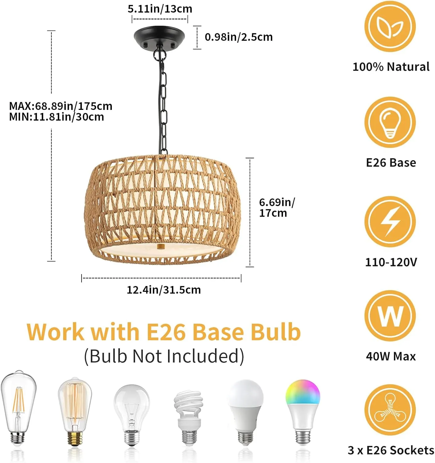 WILON 12.4'' 3-Light Rattan Chandelier with Fabric Shade, Dining Room Light Fixtures Over Table, Modern Boho Pendant Lights Kitchen Island Lighting, Farmhouse Rustic Drum Hanging Lamp with E26 Base