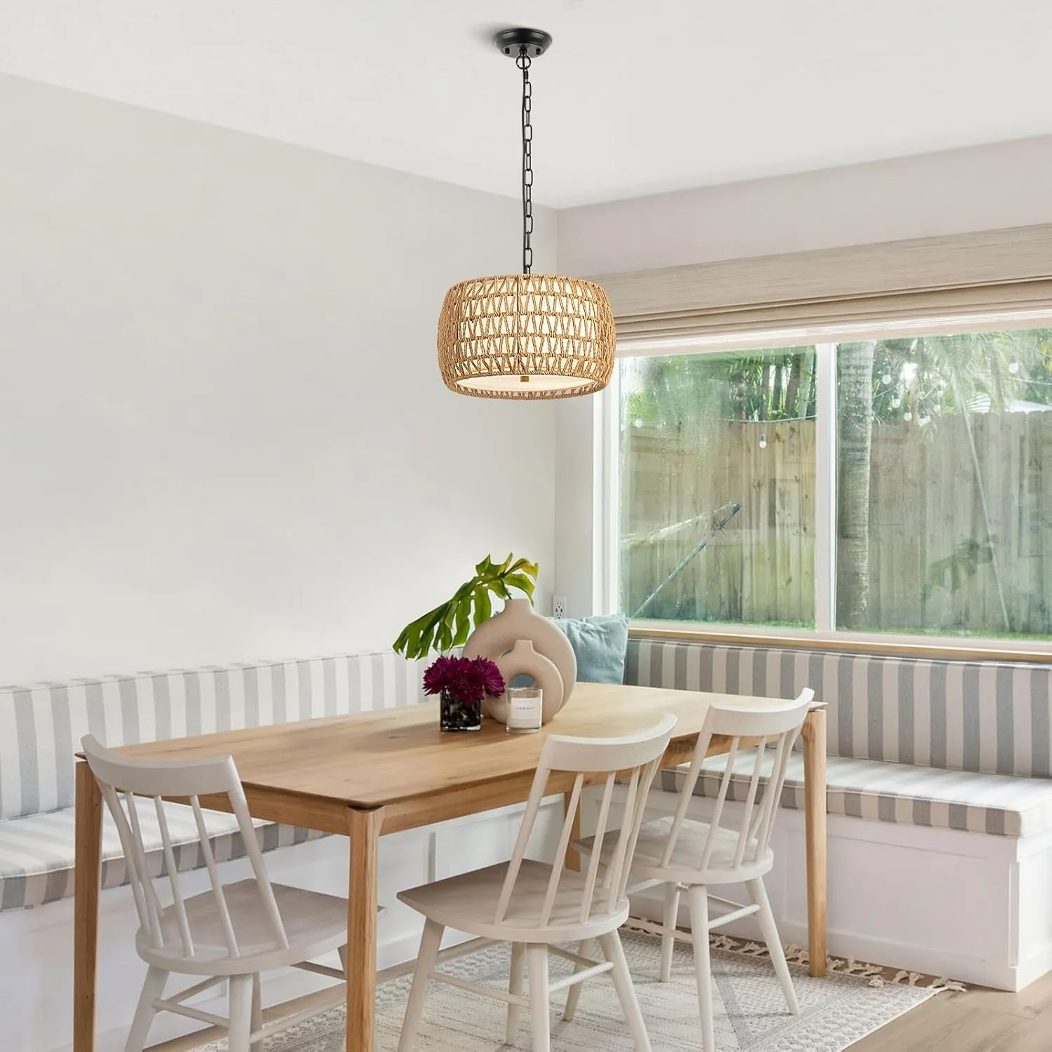 WILON 12.4'' 3-Light Rattan Chandelier with Fabric Shade, Dining Room Light Fixtures Over Table, Modern Boho Pendant Lights Kitchen Island Lighting, Farmhouse Rustic Drum Hanging Lamp with E26 Base
