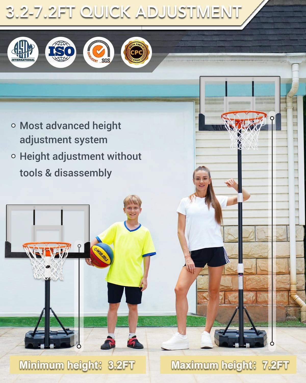 WIN.MAX Kids Basketball Hoop 29 in Backboard, 3.2 to 7.2FT Adjustable Height, Swimming Pool Basketball Hoop Outdoor for Kids/Adults Indoor Outdoor