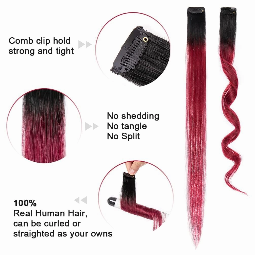 WINSKY Burgundy Ombre Clip in Colored Hair Extensions- Hairpiece for Women Clip on 5 Pieces/set (18 Inch,1B-Burgundy)