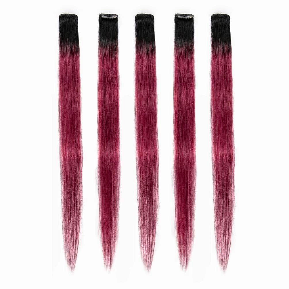WINSKY Burgundy Ombre Clip in Colored Hair Extensions- Hairpiece for Women Clip on 5 Pieces/set (18 Inch,1B-Burgundy)
