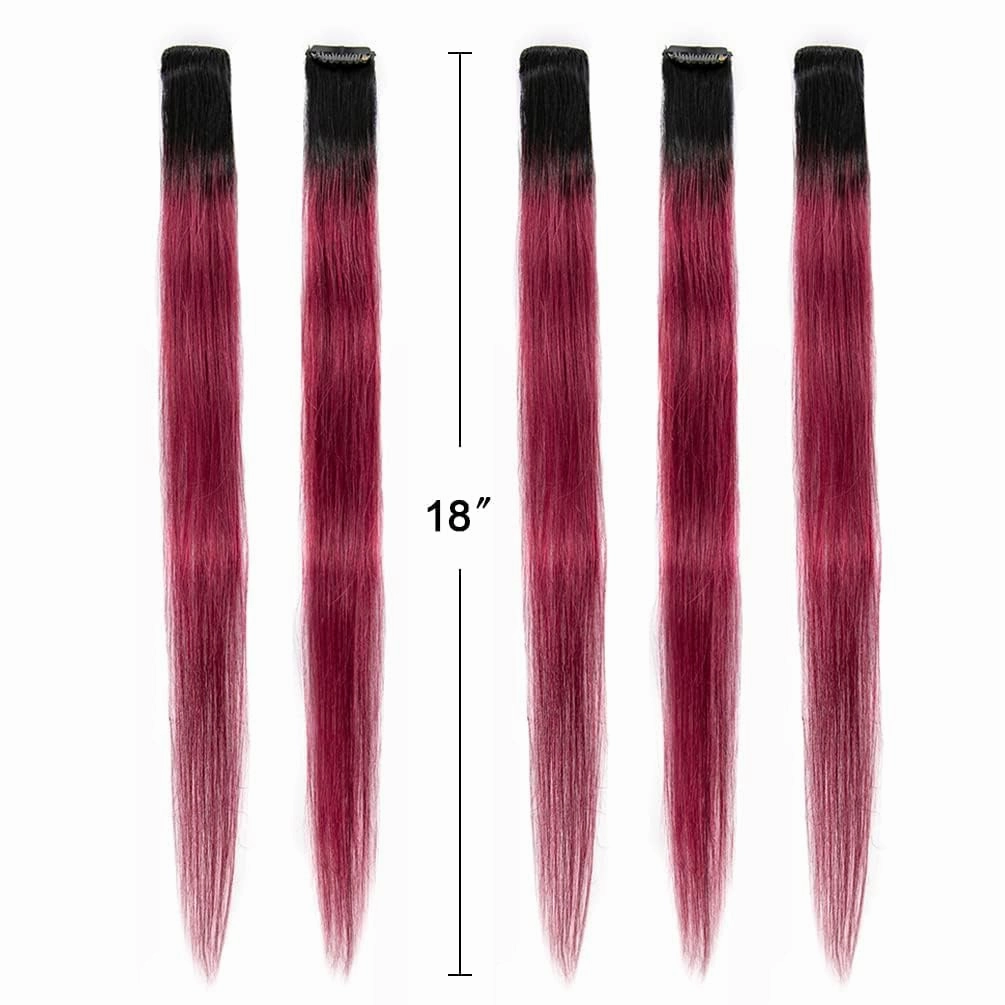 WINSKY Burgundy Ombre Clip in Colored Hair Extensions- Hairpiece for Women Clip on 5 Pieces/set (18 Inch,1B-Burgundy)