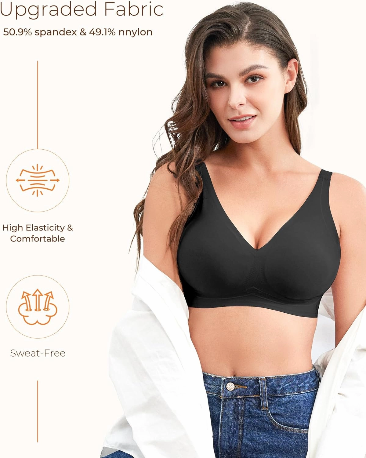 Wireless Bras for Women Comfortable Soft Seamless Full Coverage Deep V Neck Adjustable Sleep T-Shirt Everyday Wear