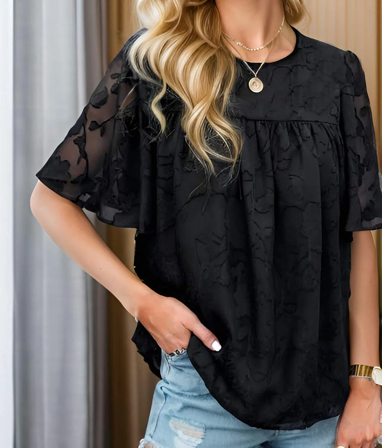 Women 3/4 Bell Sleeve Tops Boho Floral Blouses Crewneck Lace Babydoll Summer Shirts with Keyhole Back