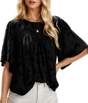 Women 3/4 Bell Sleeve Tops Boho Floral Blouses Crewneck Lace Babydoll Summer Shirts with Keyhole Back
