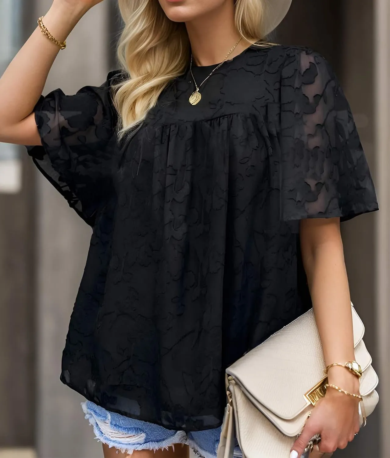 Women 3/4 Bell Sleeve Tops Boho Floral Blouses Crewneck Lace Babydoll Summer Shirts with Keyhole Back