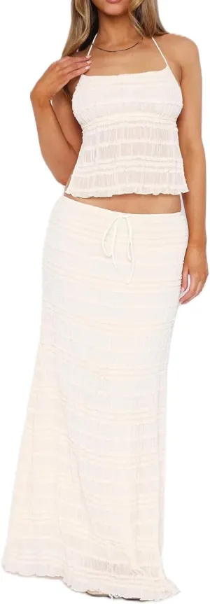 Women Y2K Maxi Skirt Set 2 Piece Outfit Smocked Backless Halter Top Flowy Ruffle Skirt Wedding Guest Ruched Set