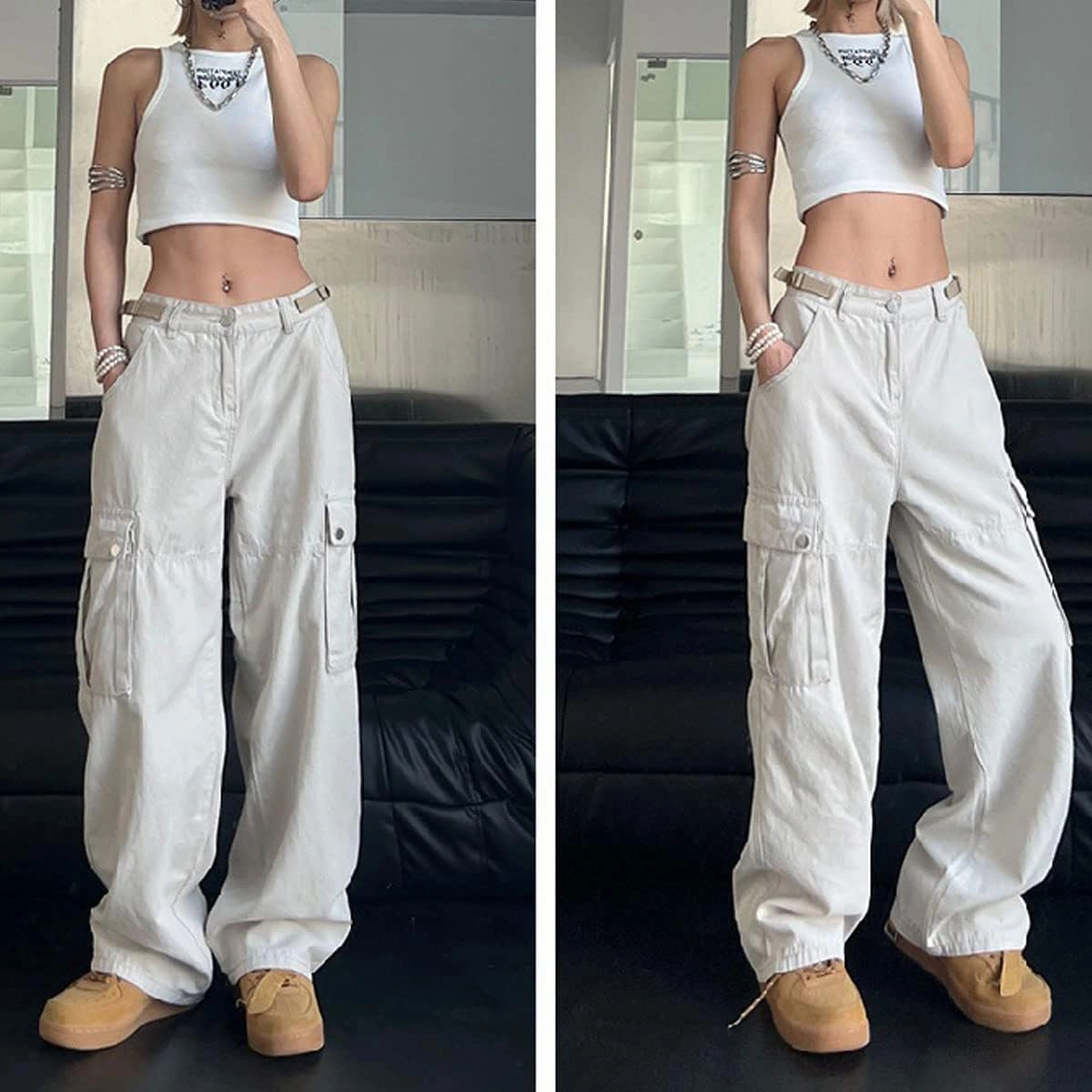Women Cargo Pants Baggy Y2K Clothing Multi Pockets High Waist Loose Straight Leg Pants Vintage Grunge Aesthetic Clothes