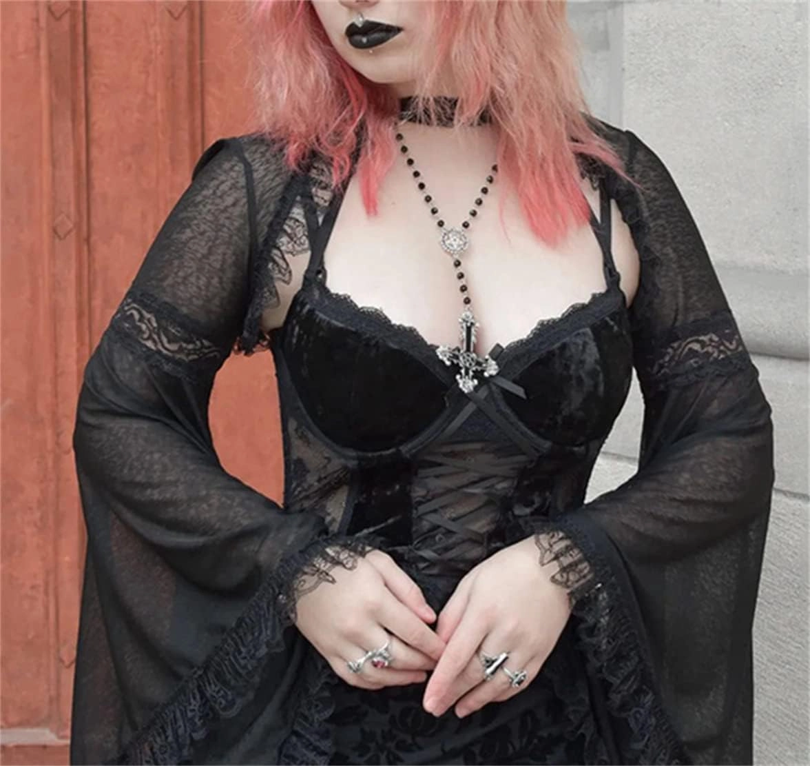 Women Goth Tops Punk Cover Ups Mesh Crop Top See Through Sexy Long Sleeve Blouse Y2k Black Rave Outfit Festival