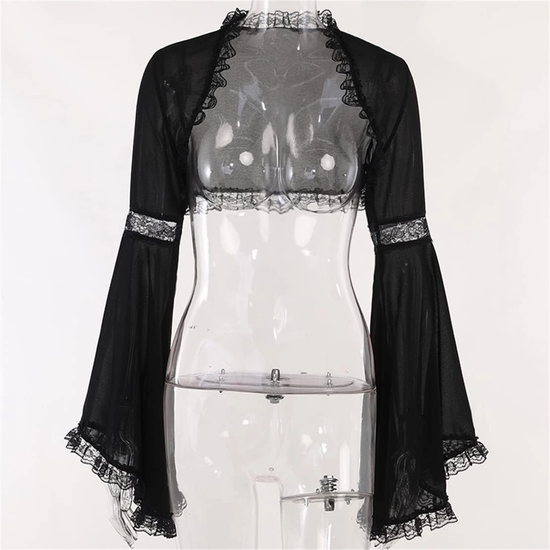 Women Goth Tops Punk Cover Ups Mesh Crop Top See Through Sexy Long Sleeve Blouse Y2k Black Rave Outfit Festival