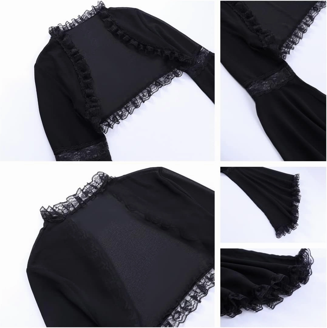 Women Goth Tops Punk Cover Ups Mesh Crop Top See Through Sexy Long Sleeve Blouse Y2k Black Rave Outfit Festival