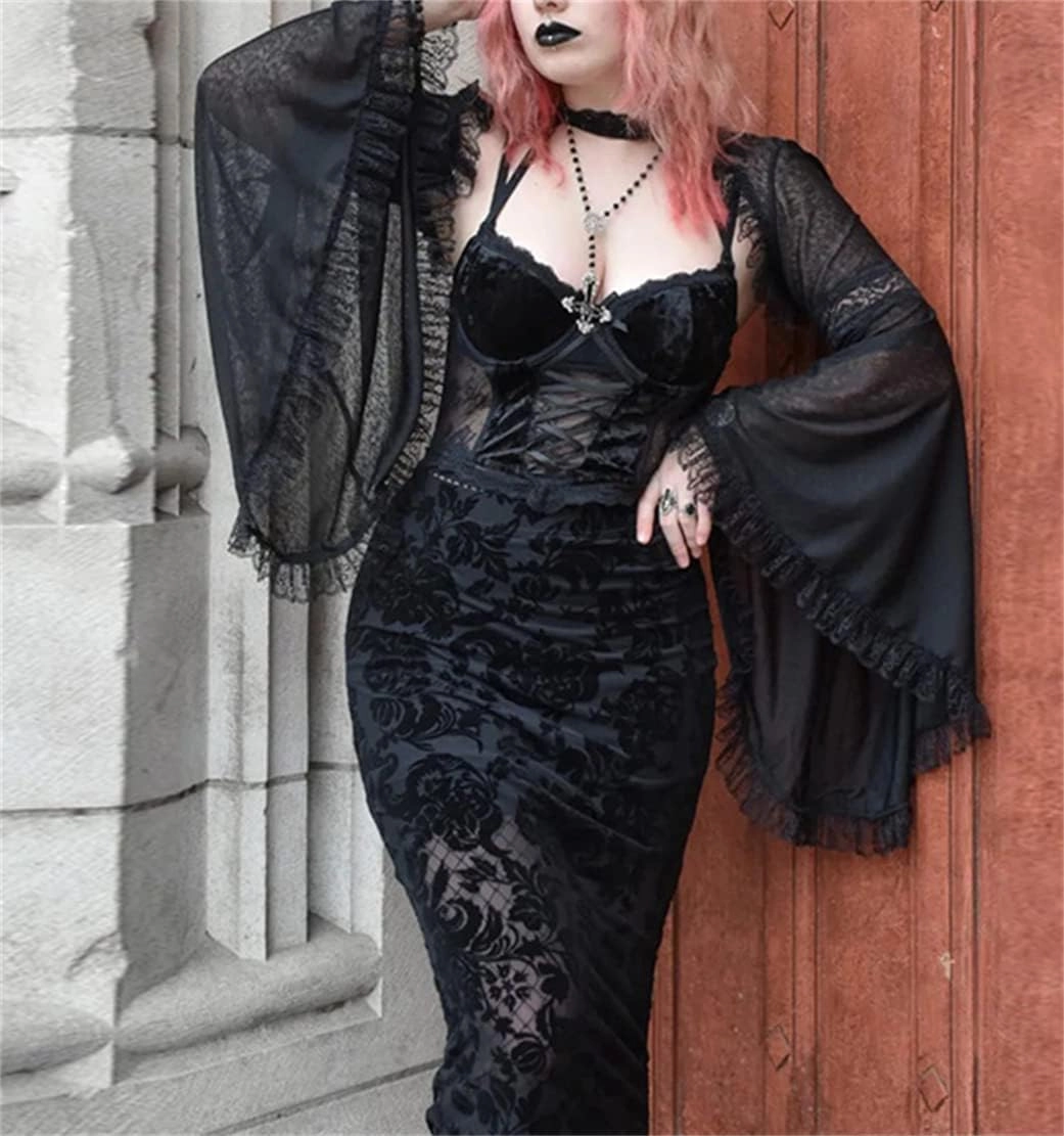 Women Goth Tops Punk Cover Ups Mesh Crop Top See Through Sexy Long Sleeve Blouse Y2k Black Rave Outfit Festival