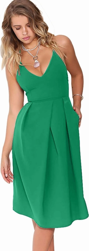 Women's Deep V Neck Adjustable Spaghetti Straps Summer Dress Sleeveless Sexy Backless Party Dresses with Pockets