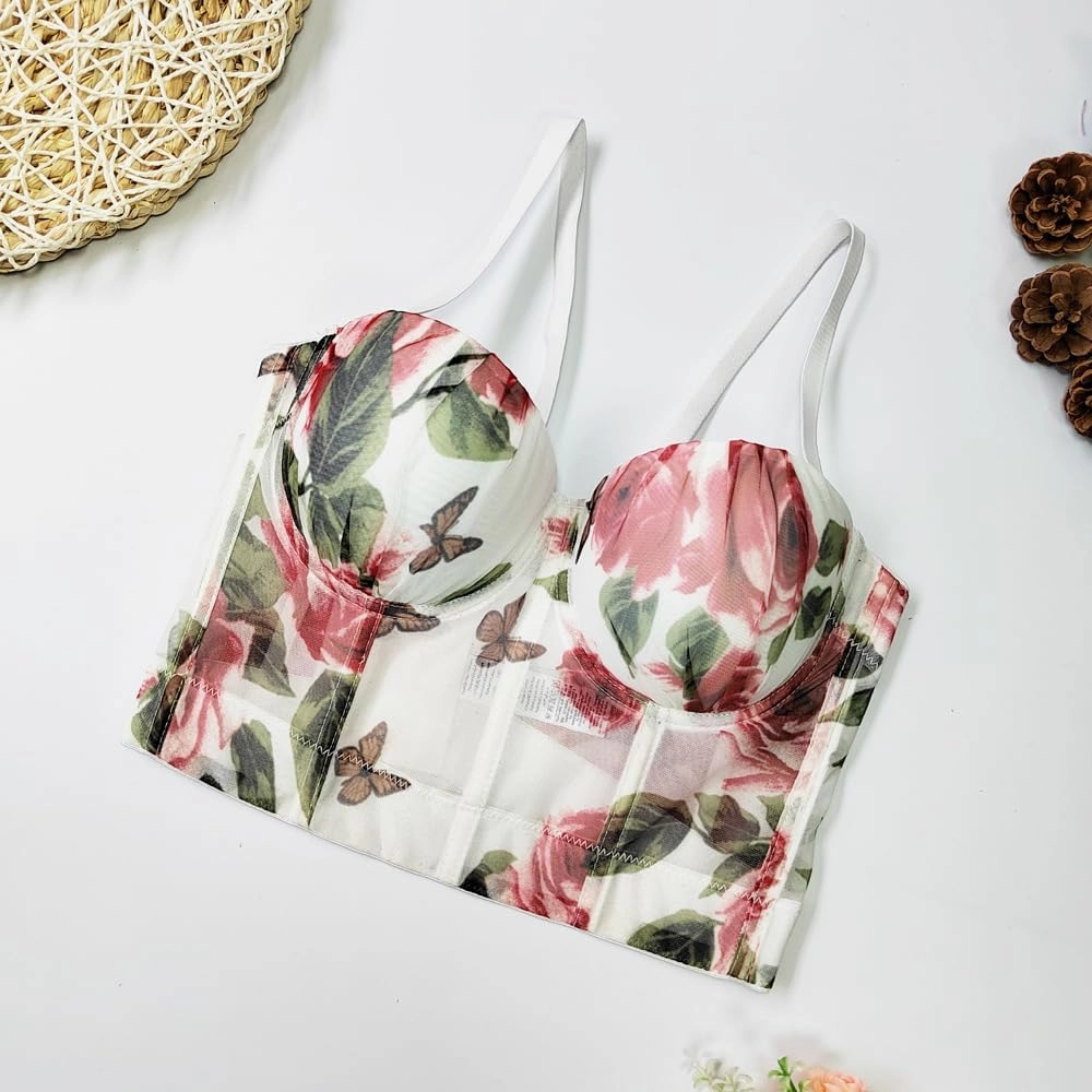 Women's Floral Print Sleeveless Spaghetti Strap Bustier Corset Crop Top Padded Push Up Going Out Tops