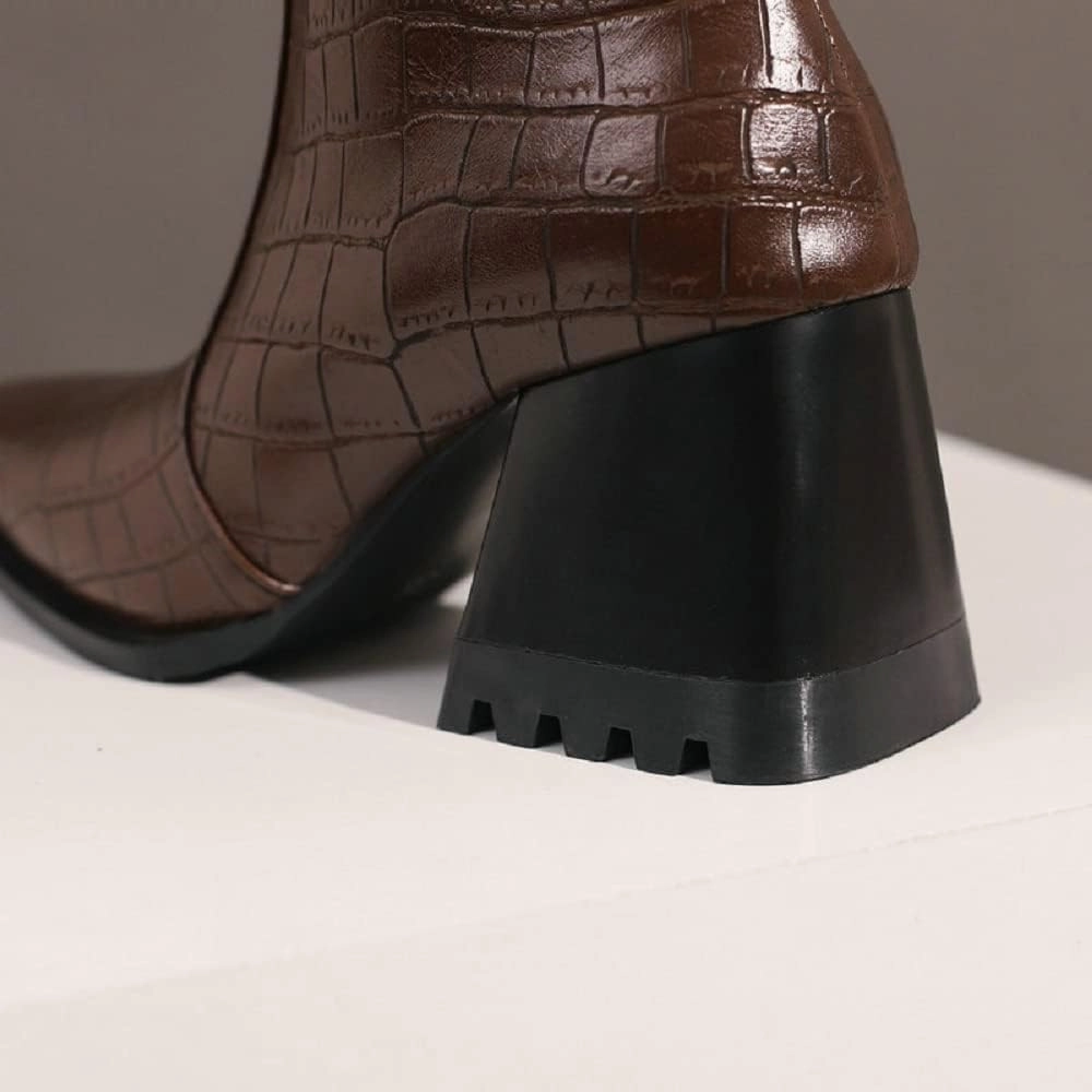Women's Snake Pattern Length Boots Tall Chunky Heel Pointed Toe Knee-High Boots Autumn And Winter Chain Belt Buckle Knight Boots