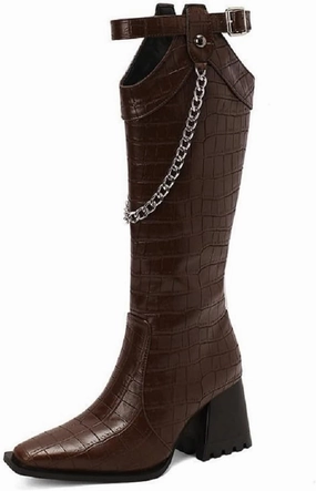 Women's Snake Pattern Length Boots Tall Chunky Heel Pointed Toe Knee-High Boots Autumn And Winter Chain Belt Buckle Knight Boots