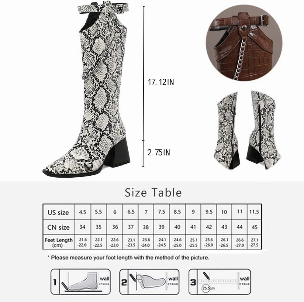 Women's Snake Pattern Length Boots Tall Chunky Heel Pointed Toe Knee-High Boots Autumn And Winter Chain Belt Buckle Knight Boots