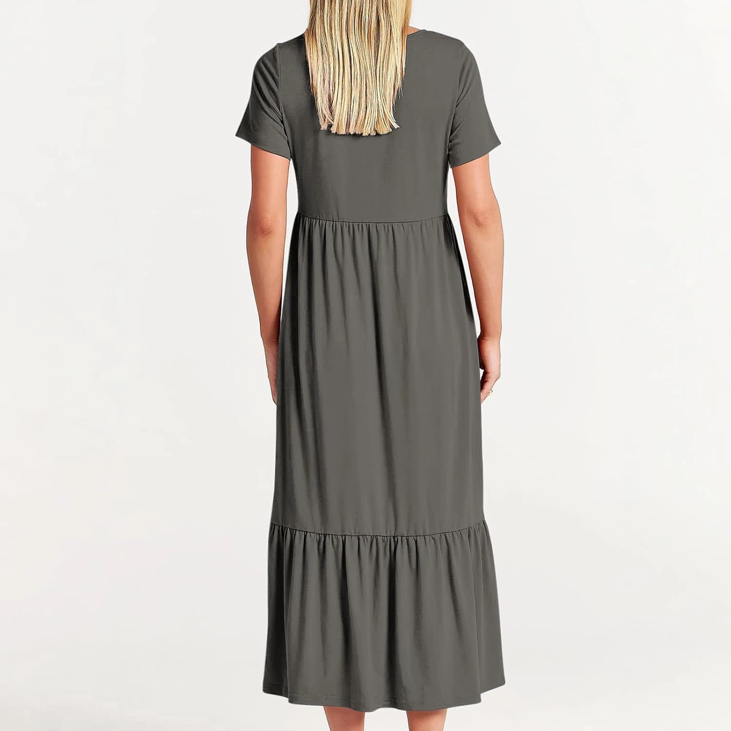 Women's Summer Casual Short Sleeve Crewneck Long Dress Solid Flowy Tiered Maxi Beach Dress with Pockets