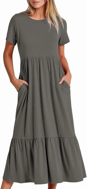 Women's Summer Casual Short Sleeve Crewneck Long Dress Solid Flowy Tiered Maxi Beach Dress with Pockets