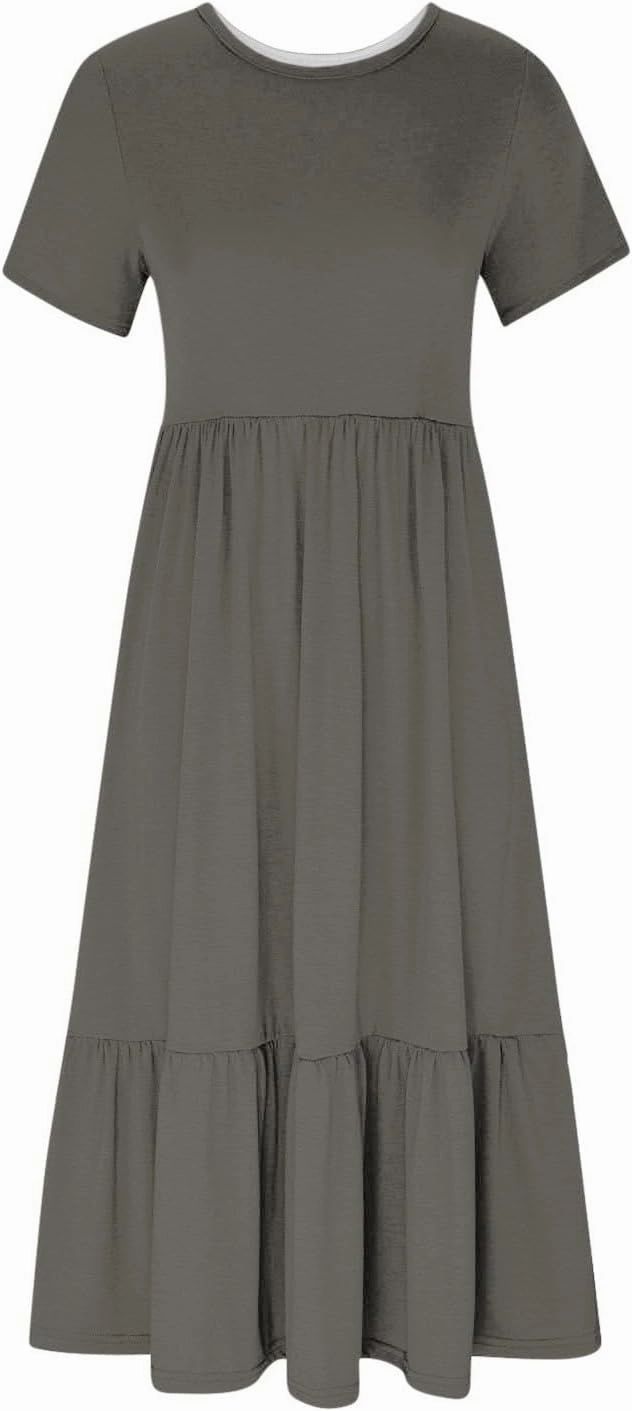 Women's Summer Casual Short Sleeve Crewneck Long Dress Solid Flowy Tiered Maxi Beach Dress with Pockets