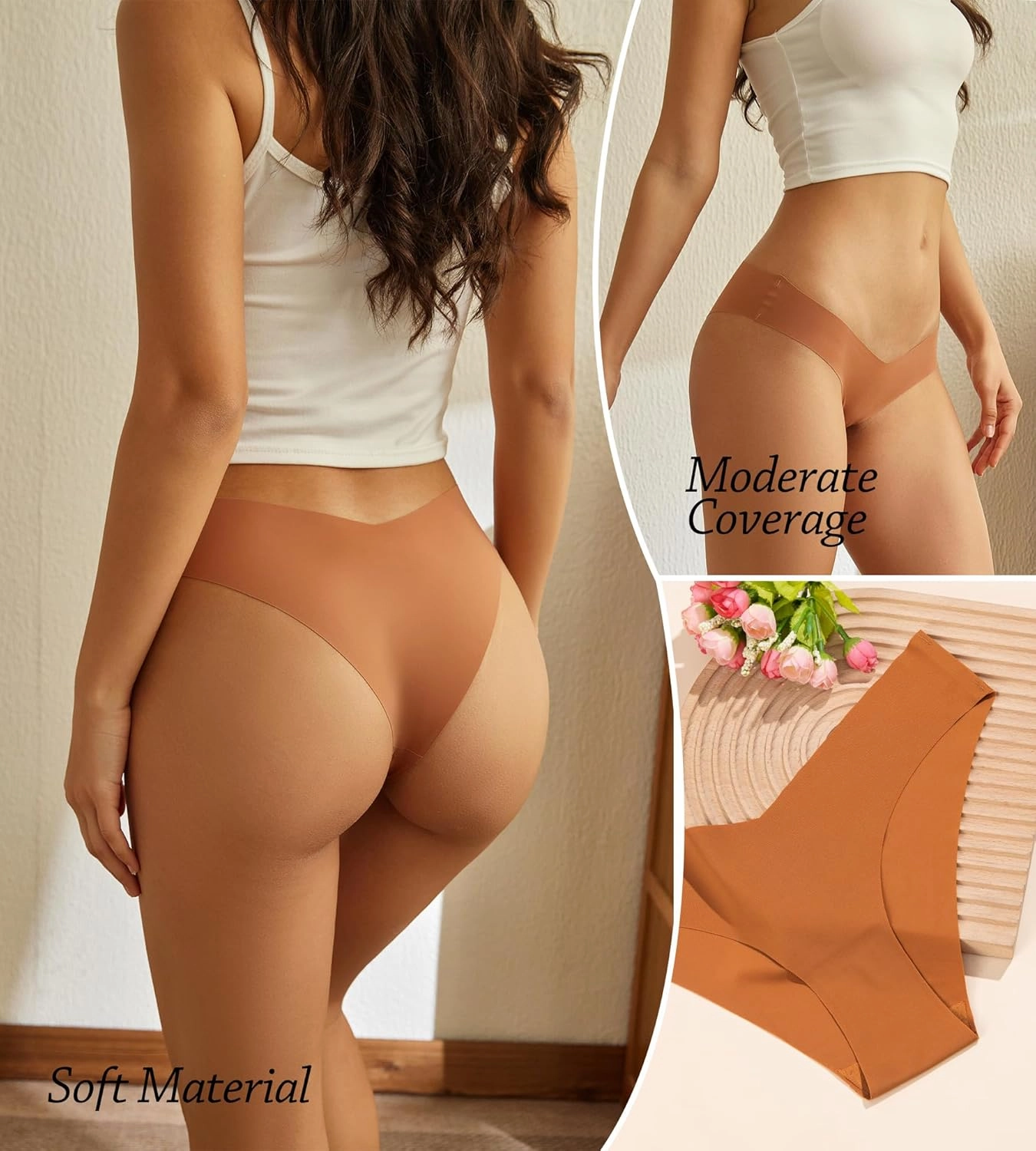 Women Seamless Underwear Soft No Show Stretch Bikini Invisibles Hipster V Cut Panties 6 pack