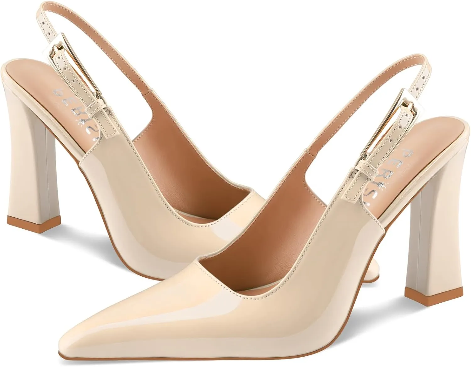 Women's Block high Heels Slingback, Pointed Closed Toe Ankle Strap Fashioned Patent Leather Pumps Shoes.