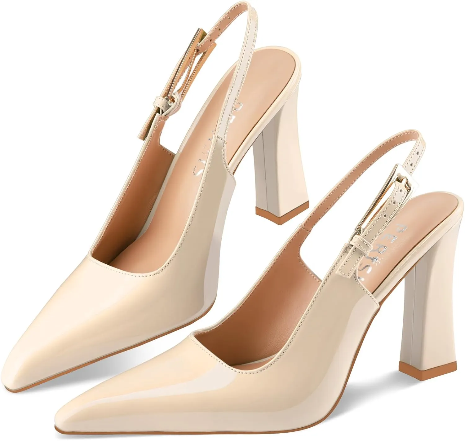 Women's Block high Heels Slingback, Pointed Closed Toe Ankle Strap Fashioned Patent Leather Pumps Shoes.