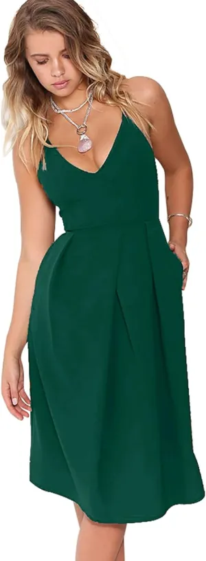 Women's Deep V Neck Adjustable Spaghetti Straps Summer Dress Sleeveless Sexy Backless Party Dresses with Pockets