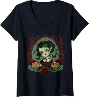 Womens Gothic Dark Zombie Doll Chibi Style Roses V-Neck T-Shirt