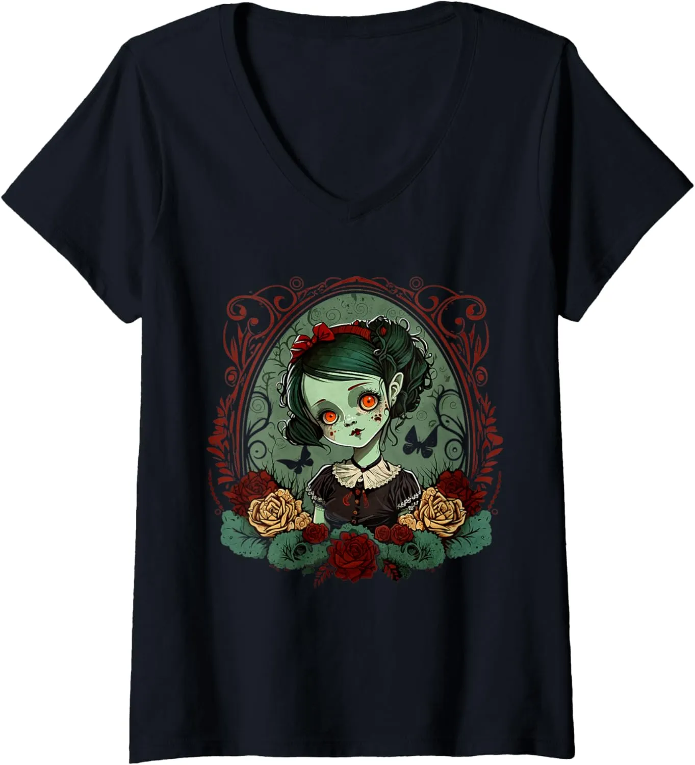 Womens Gothic Dark Zombie Doll Chibi Style Roses V-Neck T-Shirt