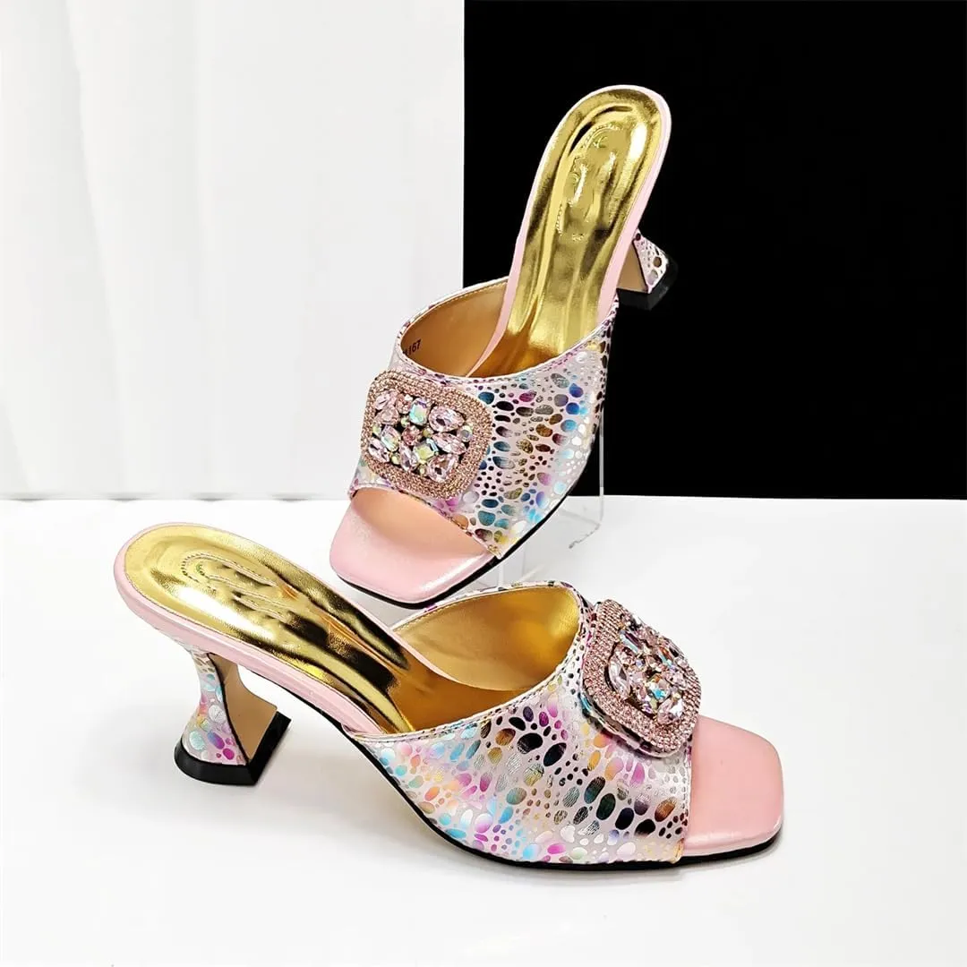 Women’S Pink Elegant High Heels and Bag Set with Peep Toe and Crystal Decoration