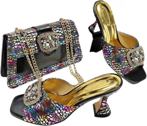 Women’S Pink Elegant High Heels and Bag Set with Peep Toe and Crystal Decoration