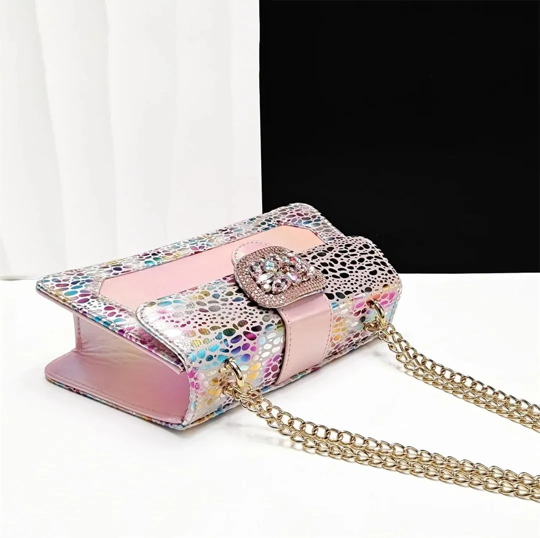 Women’S Pink Elegant High Heels and Bag Set with Peep Toe and Crystal Decoration