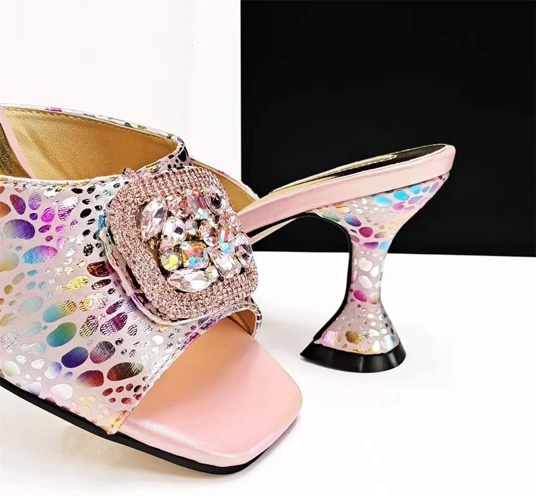 Women’S Pink Elegant High Heels and Bag Set with Peep Toe and Crystal Decoration
